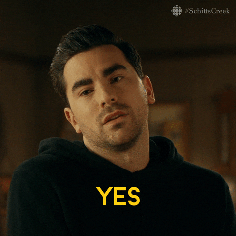 Schitt's Creek gif. Wearing a black hoodie, Dan Levy as David nods and speaks offscreen with a subtle, innocent smile. Text, "Yes I would like that very much." The words "yes" and "very" are highlighted in yellow. 