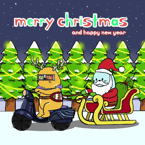 Digital illustration gif. Reindeer wearing sunglasses rides a motorcycle and pulls a sleigh driven by Santa Claus across the snow. An endless line of Christmas trees with colorful lights moves across the background behind them. Text, "Merry Christmas and Happy New Year."