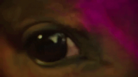 Music video gif. Closeup of a horse's eye in the video for Hors. Flashing colored lights filter the eye as it bobs in the darkness.