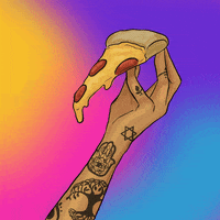 Digital art gif. Woman's arm with religiously symbolic tattoos, holding a hot, melting slice of pepperoni pizza in front of a rainbow background.