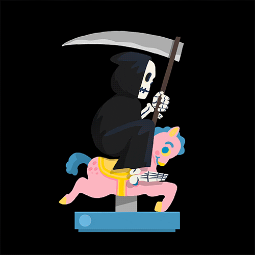 Illustrated gif. The grim reaper, looking bored while riding a mechanical unicorn meant for children.