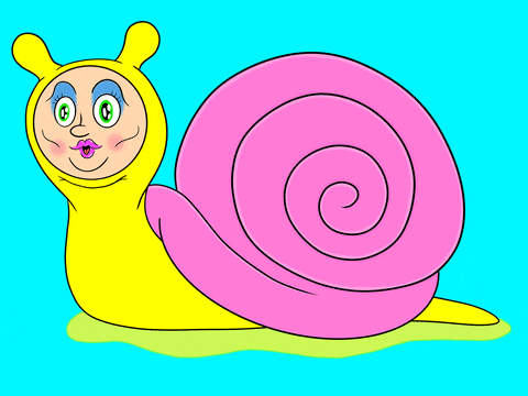 Digital art gif. Creepy yellow and pink snail with a weird doll face slithers against a blue background.