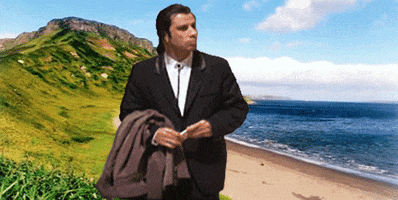 Movie gif. Superimposed over a photo of a mountainous beach, John Travolta, as Vincent in Pulp Fiction holds a coat over his arm and looks around, confused.