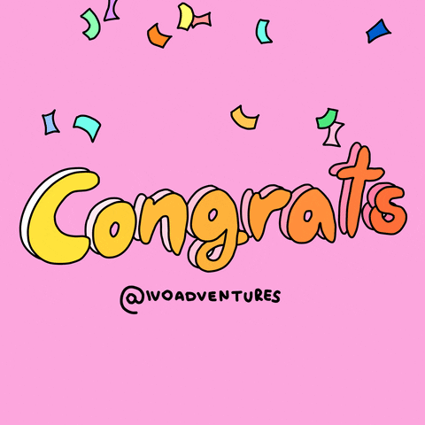 Digital art gif. Colorful confetti rains down behind seesawing text that says, "Congrats."