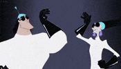 Disney gif. Kronk and Yzma from "The Emperor's New Groove" wearing lab coats and black gloves, high fiving each other.