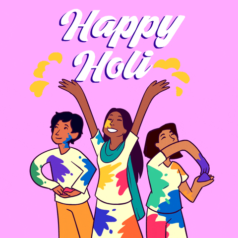 Illustrated gif. Smiling trio wear splattered clothes and toss pigment into the air as clouds of color billow and burst on a pink background. Text, "Happy Holi."