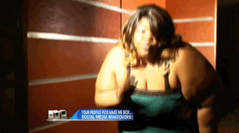 TV gif. Woman on Maury leans forward and blows a kiss. Banner text reads "Your profile pics make me sick.... social media makeovers!"