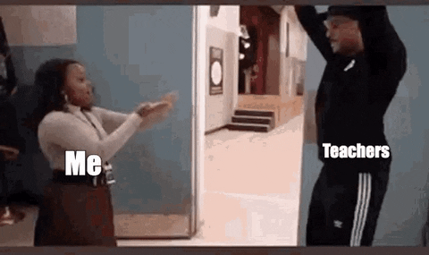 Abbott Elementary gif. Quinta Brunson as Janine Teagues dances happily and pretends to throw cash at Zack Fox's Tariq Temple, who is also grooving along. Brunson is labeled "Me," the fake cash is labeled "My appreciation," and Fox is labeled "Teachers."