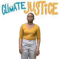 Digital art gif. Woman seen from the knees up mouths and signs, "Climate justice now" in A-S-L. Above her head, the words "Climate justice now" appear in large, all-caps cartoon letters, with illustrations of clouds, the sun and the Earth.