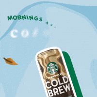 Sponsored gif. Can of Starbucks Vanilla Sweet Cream Cold Brew with a Starbucks green drop shadow bobs on a groovy ice blue background as a graphic message appears mystically and two autumn leaves flutter through. Text, "Mornings are made for cold brew."