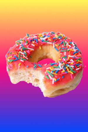 Photo gif. Vanilla doughnut with pink frosting and rainbow sprinkles that has a big bite taken out of it floats on a gradient background.