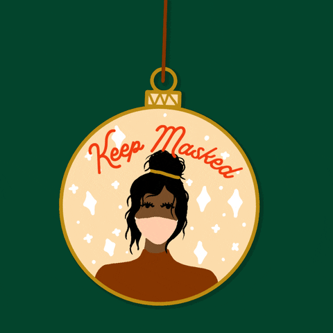 Digital art gif. Circular, gold-rimmed ornament hangs against a solid green background, containing a woman wearing a light pink face mask with her hair tied into a wispy bun. White diamond stars surround her and cursive text reading, "Keep Masked" is written above.