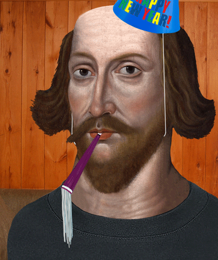 Digital art gif. A painting of Shakespeare blows a noisemaker while wearing a party hat that says, “Happy New Year.”