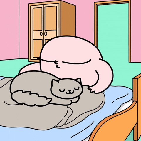 DESCRIÇÃO DA IMAGEM: personagem cor de rosa tira um casaco de moletom de baixo do gato e o chacoalha para tirar os pelos do gato, o casaco então muda da cor do gato - cinza - para alaranjado.