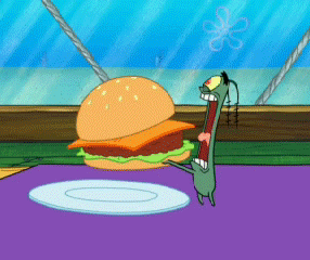 SpongeBob gif. Small Plankton crams an entire hamburger in his mouth leaving the outline of the burger on the outside of his green body. 