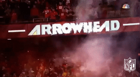Sports gif. Stadium for the Kansas City Chiefs showing the Arrowhead sponsorship and flames exploding from the bottom during celebration.