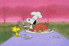 Peanuts gif. Snoopy has a chef's hat on and is sharpening a knife. He has a turkey in front of him and he begins carving into it enthusiastically as Woodstock looks at him in anticipation and happiness as they celebrate Thanksgiving together. 