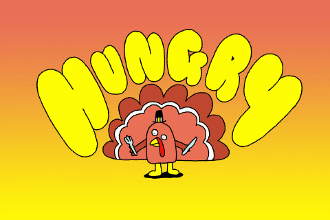 Cartoon gif. A turkey wearing a pilgrim hat waves around a fork and knife. Text, "Hungry."