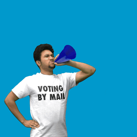 Video gif. Man wearing a shirt that says, “Voting by Mail,” holds a blue megaphone to his mouth against a light blue background and shouts, “Request your mail-in ballot.”