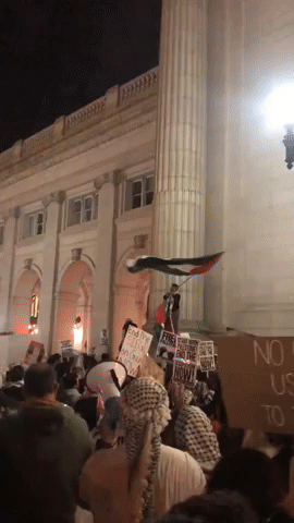Demonstrators Wave Palestine Flags at Washington's Union Station