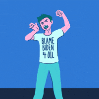 Illustrated gif. Young man grimaces and pumps his fist while wearing a shirt that reads, "Blame Biden 4 oil." We zoom out to see a nefarious puppeteer in a monocle and top hat pulling strings attached to the young man as he leans over in front of a hot pink background. Text, "Don't be a puppet to big oil."