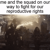 Movie gif. From "Avengers: Endgame," in the midst of battle, female characters including Gamora, Hope Pym, Pepper Potts, and Valkyrie triumphantly converge, ready to fight. Text reads, "Me and the squad on our way to fight for our reproductive rights."