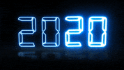 Digital art gif. In alarm clock-style font, the number “2020” appears in glowing blue against a black background, then flashes brightly.