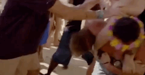 Reality TV gif. Group of men in beachwear from MTV's Siesta Key break out into a fight, punches being thrown while other men jump in to break up the brawl.