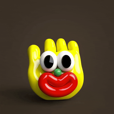 Digital art gif. A yellow three D hand with large eyes and thick red lips, bobs its fingers as if it were waving. 