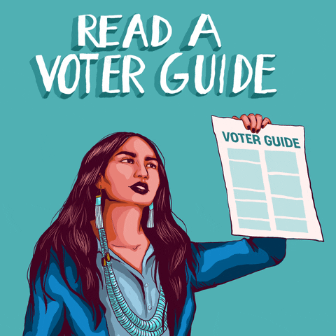 Digital art gif. Native American woman holds a voter guide up, waving it in the air against an aqua background. Text, “Read a voter guide.”