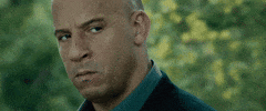 Movie gif. Vin Diesel as Dominic in Fast and Furious holds an intimidating gaze as a blurry green background whizzes by behind him.