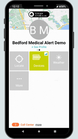 Animated demo of the Bedford Medical Alert app showing real-time location tracking and emergency notifications