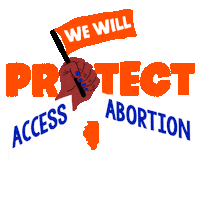 Text gif. Brown hand with blue fingernails against transparent background waves a bright orange flag up and down that reads, “We will,” followed by the text, “Protect access to abortion. Illinois.”