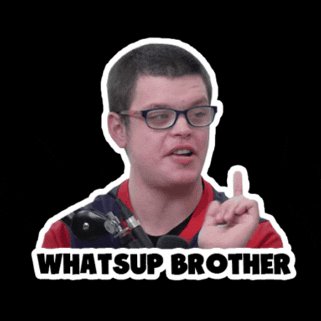 Photo gif. Man looks to the side as he points up and his mouth is poised to ask a question. Text, "What's up, brother."