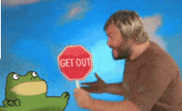 Celebrity gif. Jack Black looks at a cartoon frog who opens and closes his mouth. Jack Black holds a small stop sign in his hand that says “Get out.” He turns to look at us and pulls the sign closer towards us with a big smile on his face. 
