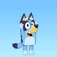 Illustrated gif. Blue cartoon dog on a blue background, arms in the air with enthusiasm, revealing a message above their head that reads, "Support kids' futures in Wisconsin, Vote Barnes."