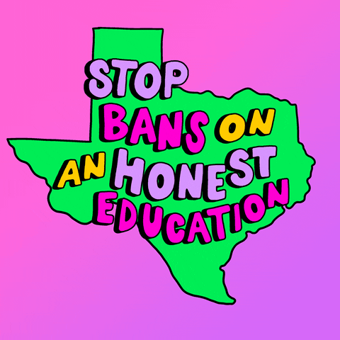 Digital art gif. Against a bright green cartoon of the state of Texas, flashing colorful letters read, "Stop bans on an honest education," everything against a neon pink background.