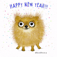 Illustrated gif. Fuzzy chihuahua shaped like a puffball with big round eyes and tongue sticking out of its mouth. The text “Happy New Year” appears above its head as its little paws tap in excitement. The text disappears and a party hat is plopped on its head.