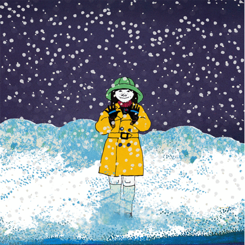 Illustrated gif. Girl in a yellow jacket shivers and waves with both hands at us as she stands in piles of snow that up to her knees. Snow falls heavily down around her.