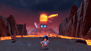Video game gif. A clip of gameplay from the trailer for Playstation video game "Astro Bot" shows Astrobot, a small white robot with an LED screen face, running toward an exploding volcano as small red crabs flee in the opposite direction. The scene features a volcanic setting with black rock surfaces and a sea of red hot magma in the background.  