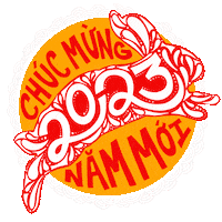 Digital art gif. White and vermillion petals and brush marks swirl together to make the shape of a white rabbit whose fur reads "2023," surrounded by a tangerine gold circle with stylized text that lights up like a marquee, "Chuc, mung, nam, moi."
