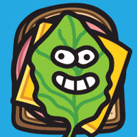 Digital art gif. We see a hand slapping down layers of a sandwich, all with faces. First, a piece of bread that looks scared gets squirted with mustard. Next we see a grumpy slice of bologna, a concerned slice of cheese, and finally a smiling leaf of lettuce. Then the slice of bread is back as the gif continues endlessly.