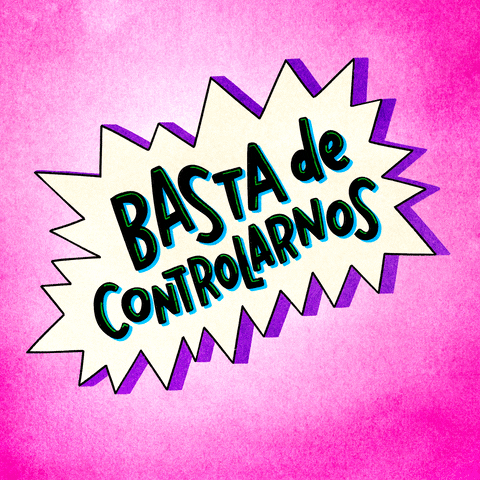 Digital art gif. Purple and white comic strip-like explosion shape with text inside that reads, "Basta de controlarnos," against an ombre pink and white background.