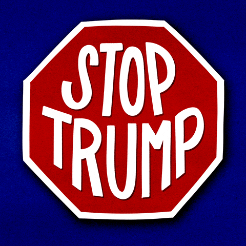 Illustrated gif. Familiar red octagon on an ultramarine background, pulsing the text, "stop, Trump."