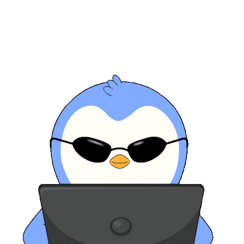 A cartoon penguin wearing sunglasses, typing intensely on a keyboard like a hacker, with a dramatic vibe