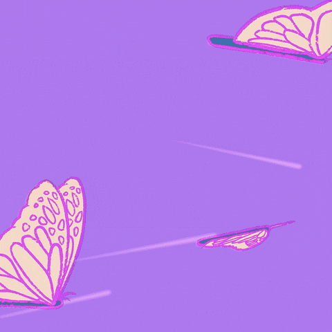 A gif of butterflies fluttering in the blue and purple sky.