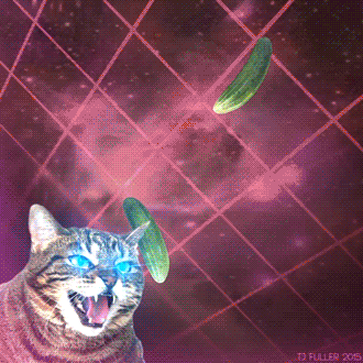 Video gif. Against an 80s space background with a pink laser grid, an angry-looking cat in the lower-left corner shoots blue eye beams at floating cucumbers to destroy them.