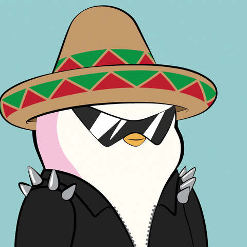 Digital art gif. Customized Pudgy Penguin wearing a sombrero, sharp sunglasses and a spiky black jacket eats tacos flying into its mouth. Text reads, "Taco Tuesday."