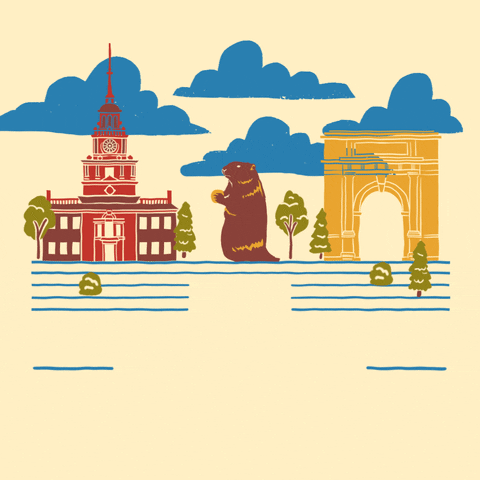 Digital art gif. Groundhog stands between the National Memorial Arch and Independence Hall as blue clouds roll by against a beige background. Text, “It’s a beautiful day to register to vote, Pennsylvania.”