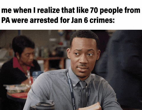 Digital art gif. Tyler James Williams as Gregory Eddie in Abbott Elementary looks disturbed. Text, “Me when I realize that like 70 people from PA were arrested for Jan 6 crimes.”